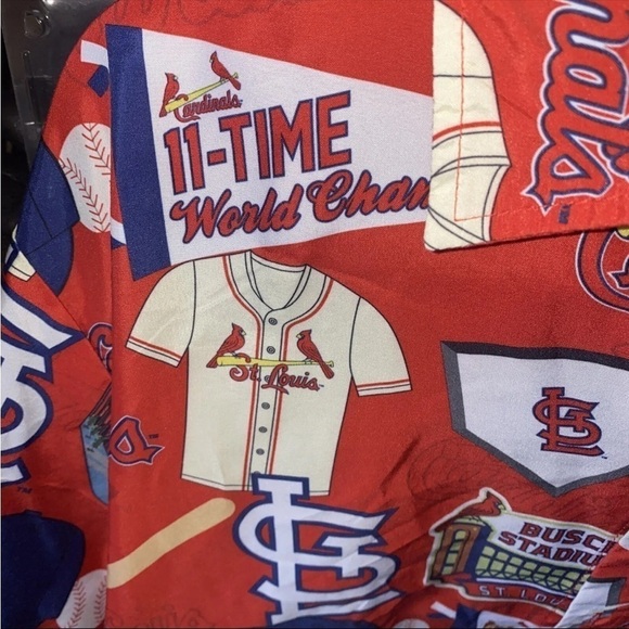 VTG St.Louis Cardinals Button Up ALL OVER PRINT SHIRT RED Pennant Hawaii Xl - Picture 4 of 5